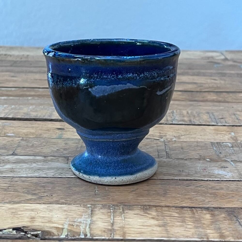 Handmade Stoneware Goblet 4" Blue Tones Salt Glaze Finish Footed Base